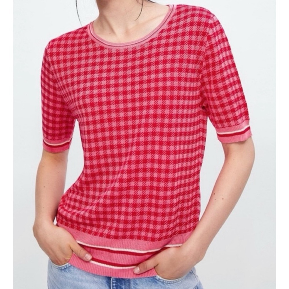 Zara knit pink houndstooth print short sleeve sweater top